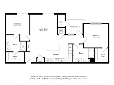 Floor plan for 2 beds, 2 baths, 1152 sqft